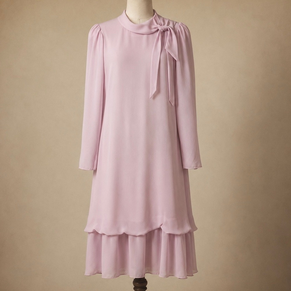 Vintage 70s Laura Gene Fashions Pink Bow Neck Ruffle Hem Dress M Coquette Pastel